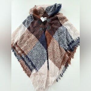 Sonoma Toggle Poncho Cape One Size Plaid Fringe Cozy Cowl Hood
